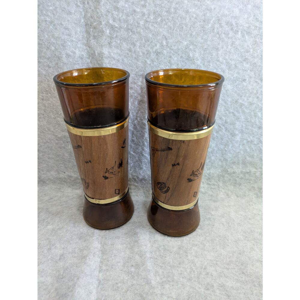 Set Of 2 Vintage Siesta Ware Western Cowboy Walnut Amber Highball‎ Tiki Glass